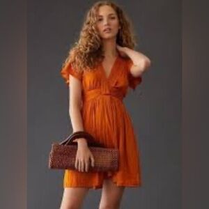 Anthropologie dark orange v-neck satin mini dress size 14